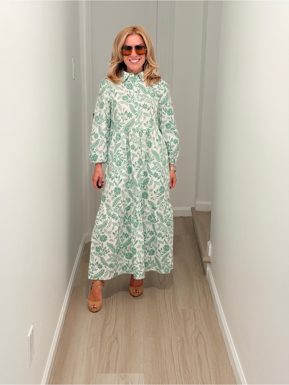 Tahari Cream Maxi Dress with Green Floral Print
